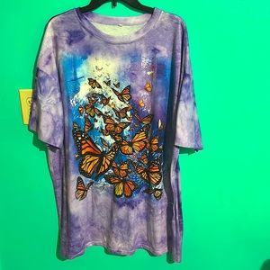 A purple butterfly T-shirt dress
